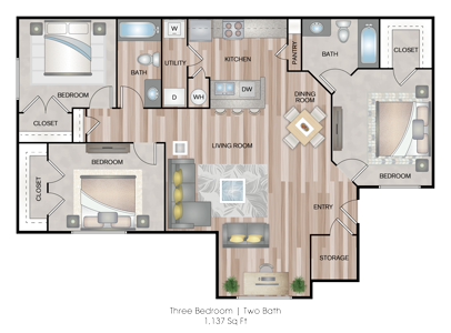 Three Bedroom / Two Bath - 1137 Sq.Ft.*